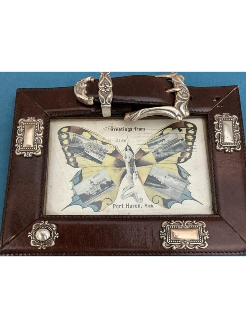 Vintage Leather Buckle Picture Frame 1910 Butterfly Girl Postcard - Picture 7 of 14